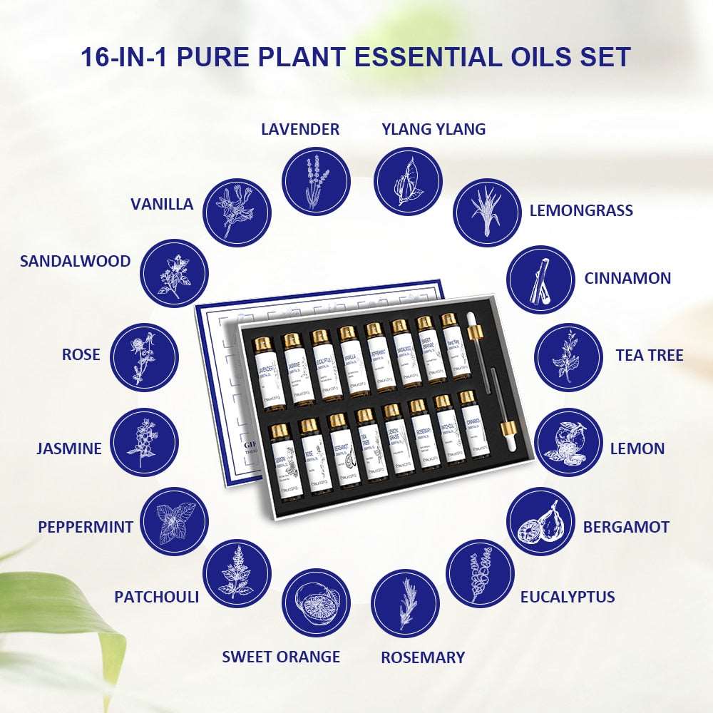 HIQILI 16 PCS 10ML Aroma Essential Oils Set for Diffuser/Humidifier Lavender/Eucalyptus/Vanilla/Lemon/Rosemary/Mint/Rose Oil