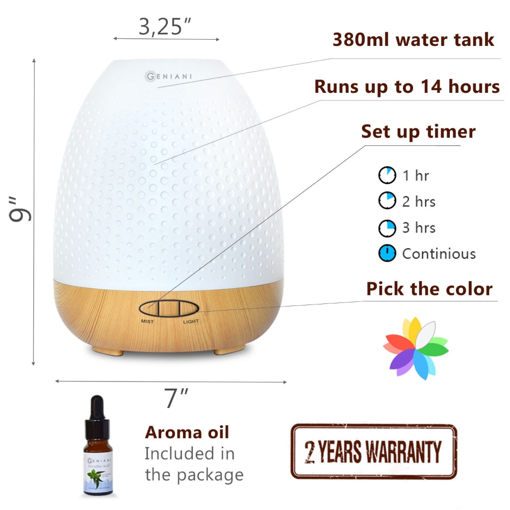 Aromatherapy Essential Oil Diffuser and Aroma Oil Set - Ultrasonic Cool Mist Diffuser with LED Light for Home, Bedroom, Spa or